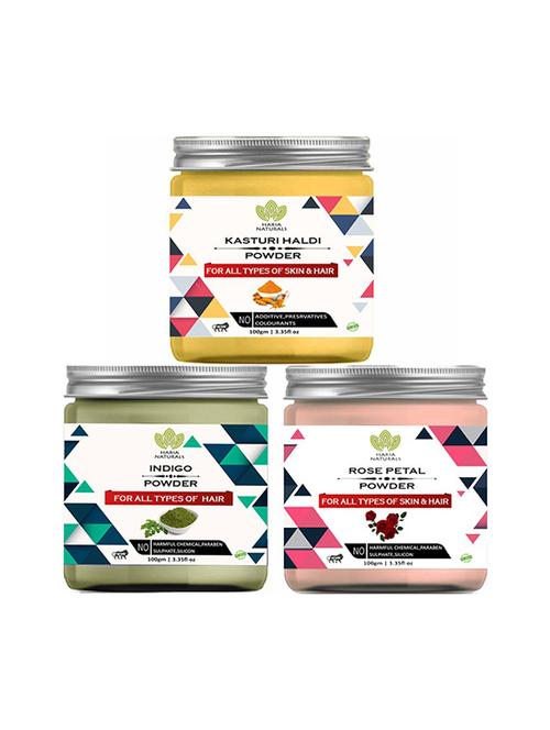 100% pure & naturals kasturi haldi powder 100gm & indigo powder 100gm & rose petal powder 100gm (pack of 3) 300gm - 18639464 - Very Small Image - 1