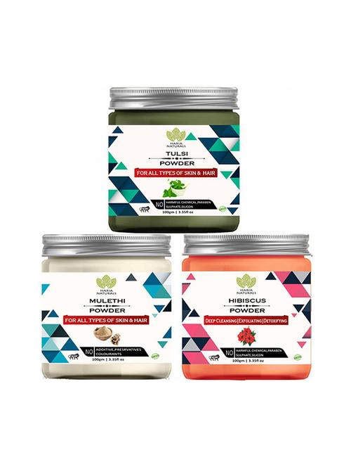 100% pure & naturals tulsi powder 100gm & mulethi powder 100gm & hibiscus powder 100gm (pack of 3) 300gm - 18639475 - Very Small Image - 1