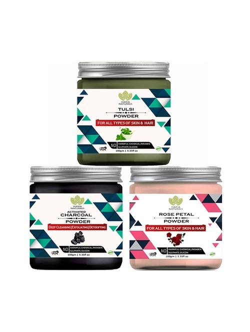 100% pure & naturals tulsi powder 100gm & charcoal powder 100gm & rose petal powder 100gm (pack of 3) 300gm - 18639476 - Very Small Image - 1