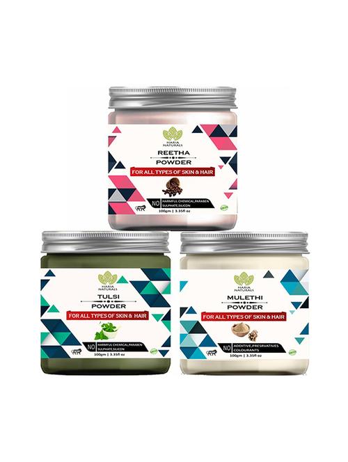 100% pure & naturals reetha powder 100gm & tulsi powder 100gm & mulethi powder 100gm (pack of 3) 300gm - 18639482 - Very Small Image - 1