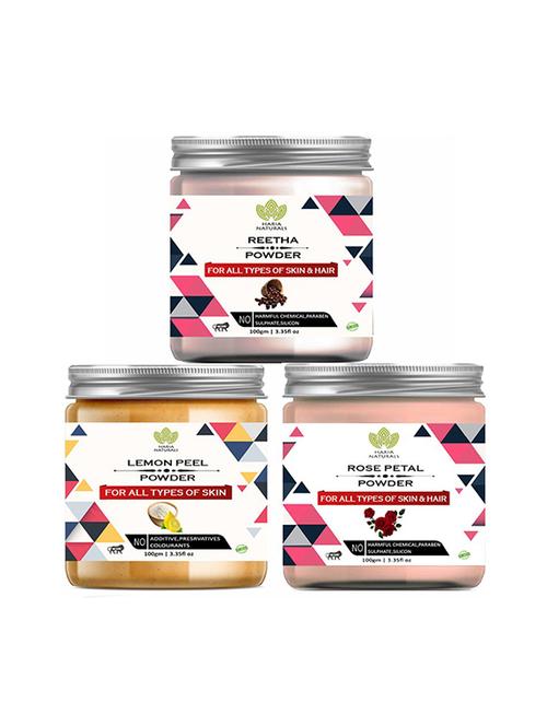100% pure & naturals reetha powder 100gm & lemon peel powder 100gm & rose petal powder 100gm (pack of 3) 300gm - 18639484 - Very Small Image - 1