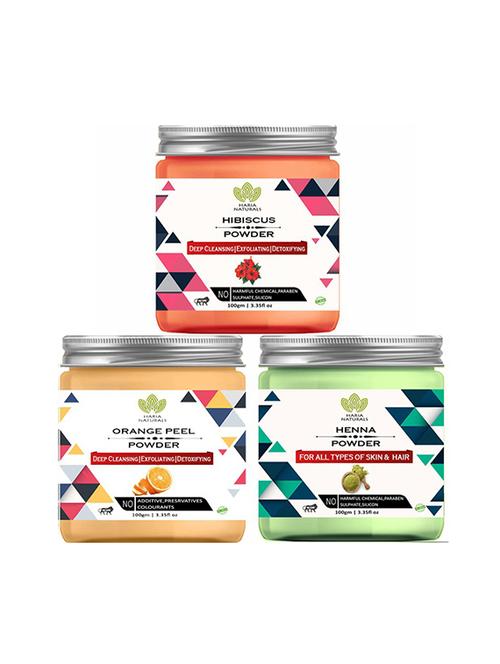 100% pure & naturals hibiscus powder 100gm & orange peel powder 100gm & henna powder 100gm (pack of 3) 300gm - 18639485 - Very Small Image - 1