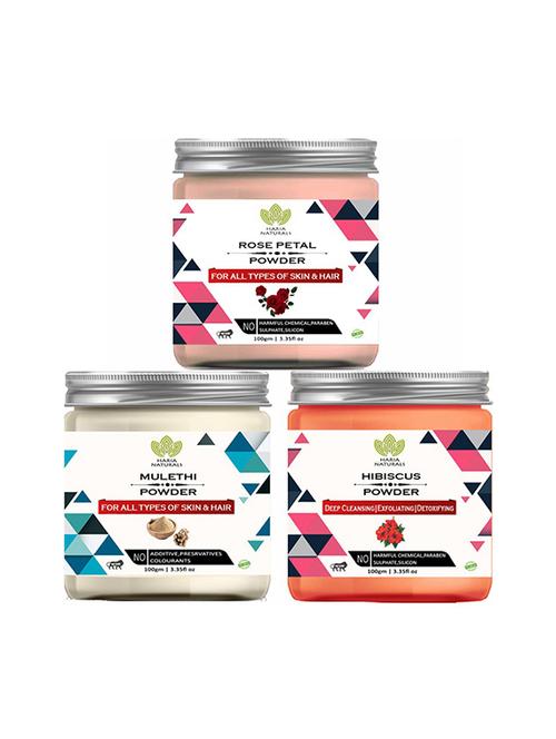 100% pure & naturals rose petal powder 100gm & mulethi powder 100gm & hibiscus powder 100gm (pack of 3) 300gm - 18639487 - Very Small Image - 1