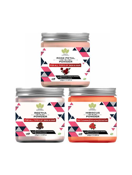 100% pure & naturals rose petal powder 100gm & reetha powder 100gm & hibiscus powder 100gm (pack of 3) 300gm - 18639488 - Very Small Image - 1