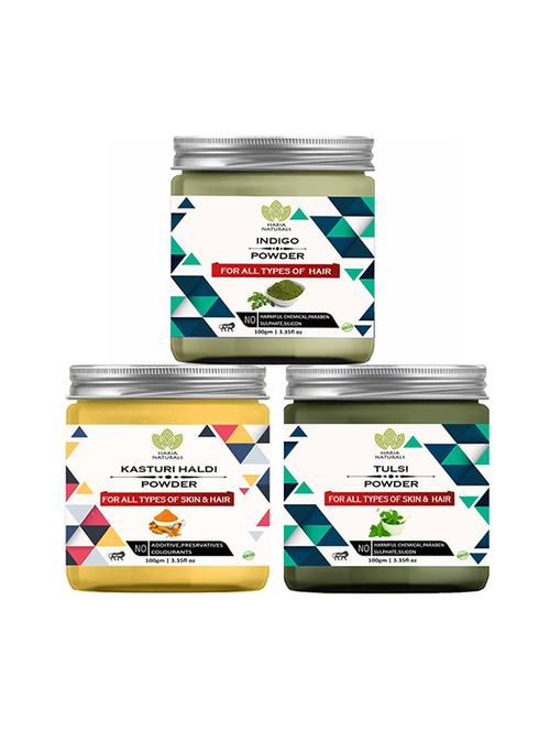 100% pure & naturals indigo powder 100gm & kasturi haldi powder 100gm & tulsi powder 100gm (pack of 3) 300gm - 18639490 - Very Small Image - 1
