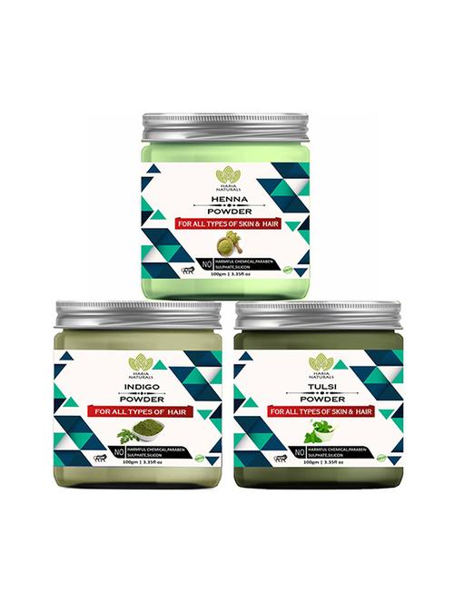 100% pure & naturals henna powder 100gm & indigo powder 100gm & tulsi powder 100gm (pack of 3) 300gm - 18639496 - Very Small Image - 1