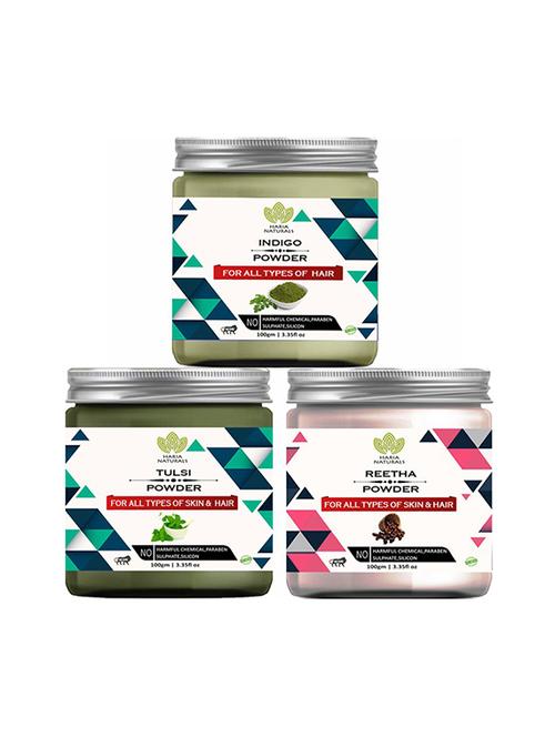 100% pure & naturals indigo powder 100gm & tulsi powder 100gm & reetha powder 100gm (pack of 3) 300gm - 18639498 - Very Small Image - 1