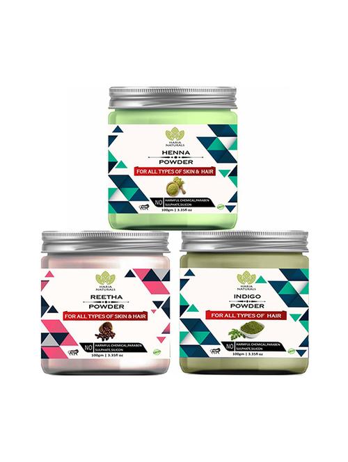 100% pure & naturals henna powder 100gm & reetha powder 100gm & indigo powder 100gm (pack of 3) 300gm - 18639506 - Very Small Image - 1