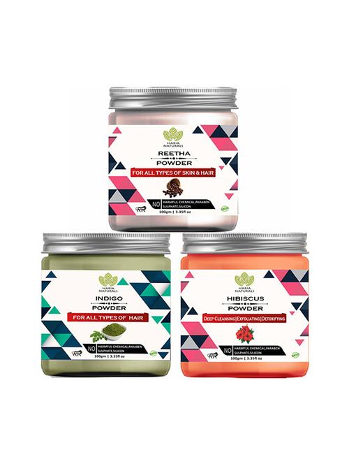 100% pure & naturals reetha powder 100gm & indigo powder 100gm & hibiscus powder 100gm (pack of 3) 300gm - 18639509 - Very Small Image - 1