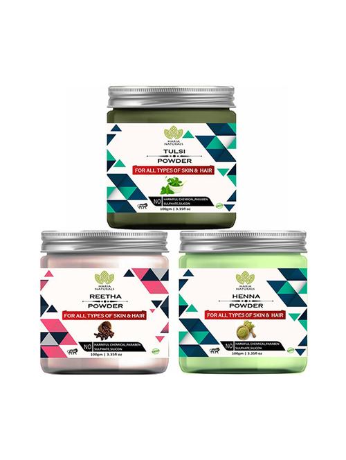 100% pure & naturals tulsi powder 100gm & reetha powder 100gm & henna powder 100gm (pack of 3) 300gm - 18639518 - Very Small Image - 1