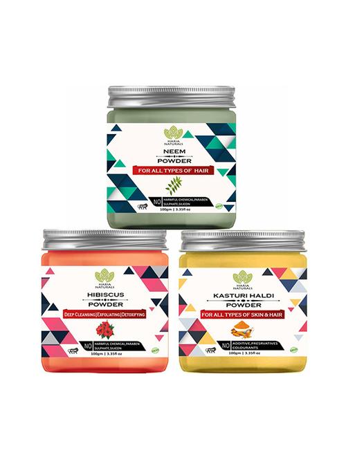 100% pure & naturals neem powder 100gm & hibiscus powder 100gm & kasturi haldi powder 100gm (pack of 3) 300gm - 18639527 - Very Small Image - 1