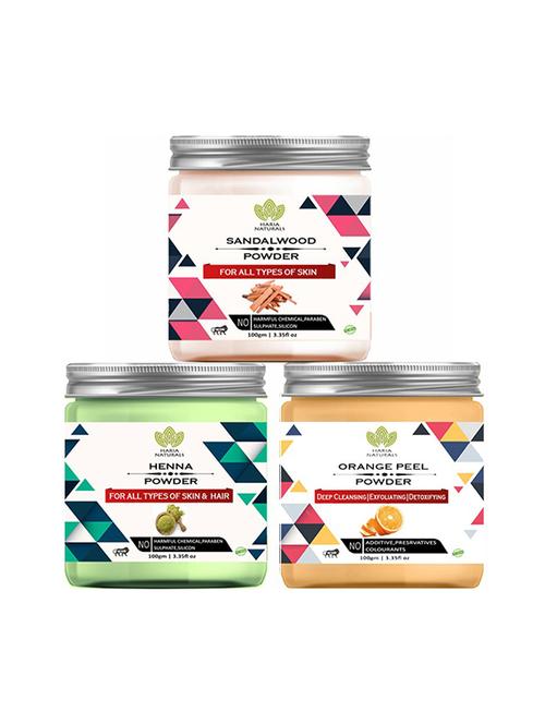 100% pure & naturals sandalwood powder 100gm & henna powder 100gm & orange peel powder 100gm (pack of 3) 300gm - 18639530 - Very Small Image - 1