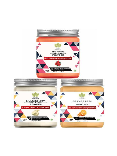 100% pure & naturals hibiscus powder 100gm & multani mitti powder 100gm & orange peel powder 100gm (pack of 3) 300gm - 18639541 - Very Small Image - 1