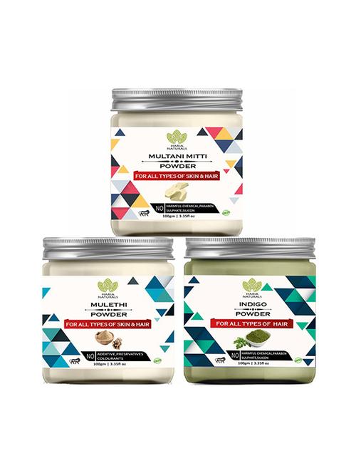 100% pure & naturals multani mitti powder 100gm & mulethi powder 100gm & indigo powder 100gm (pack of 3) 300gm - 18639552 - Very Small Image - 1