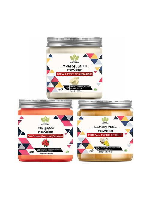 100% pure & naturals multani mitti powder 100gm & hibiscus powder 100gm & lemon peel powder 100gm (pack of 3) 300gm - 18639555 - Very Small Image - 1