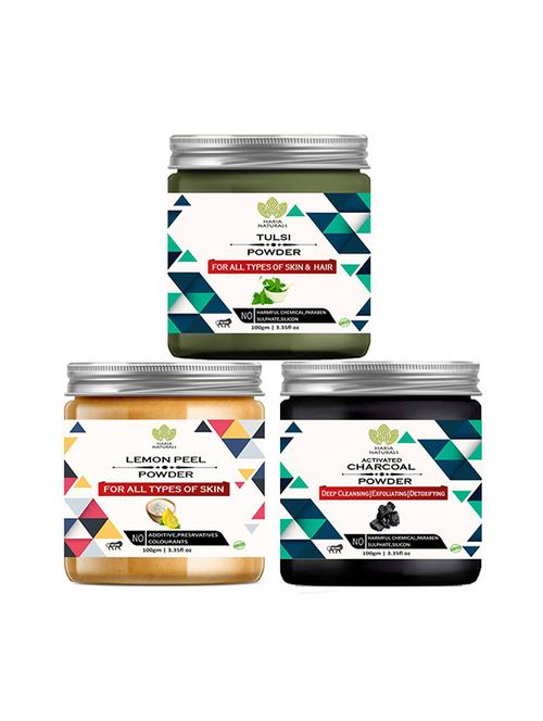 100% pure & naturals tulsi powder 100gm & lemon peel powder 100gm & charcoal powder 100gm (pack of 3) 300gm - 18639559 - Very Small Image - 1