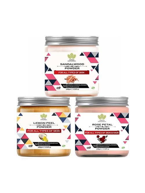 100% pure & naturals sandalwood powder 100gm & lemon peel powder 100gm & rose petal powder 100gm (pack of 3) 300gm - 18639563 - Very Small Image - 1