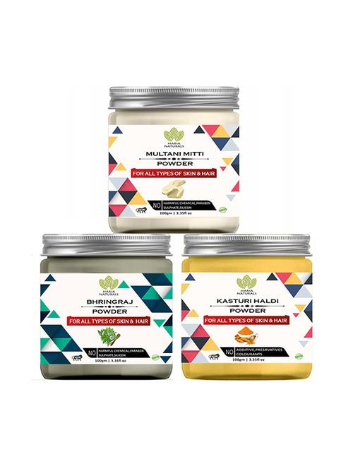 100% pure & naturals multani mitti powder 100gm & bhringraj powder 100gm & kasturi haldi powder 100gm (pack of 3) 300gm - 18639569 - Very Small Image - 1