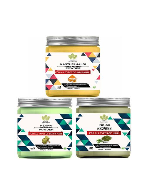 100% pure & naturals kasturi haldi powder 100gm & henna powder 100gm & indigo powder 100gm (pack of 3) 300gm - 18639576 - Very Small Image - 1