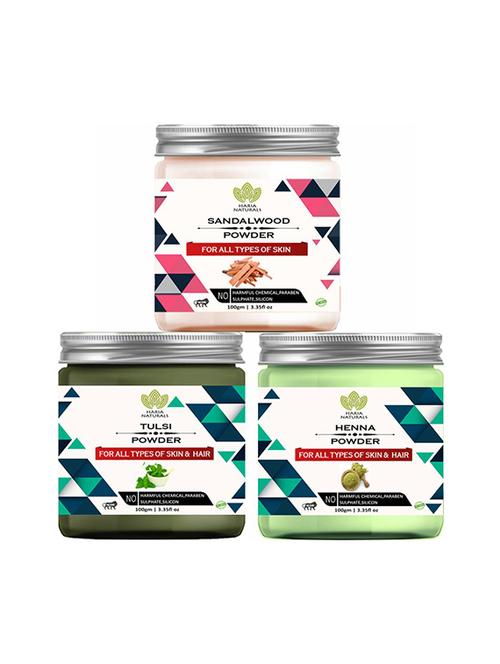 100% pure & naturals sandalwood powder 100gm & tulsi powder 100gm & henna powder 100gm (pack of 3) 300gm - 18639577 - Very Small Image - 1