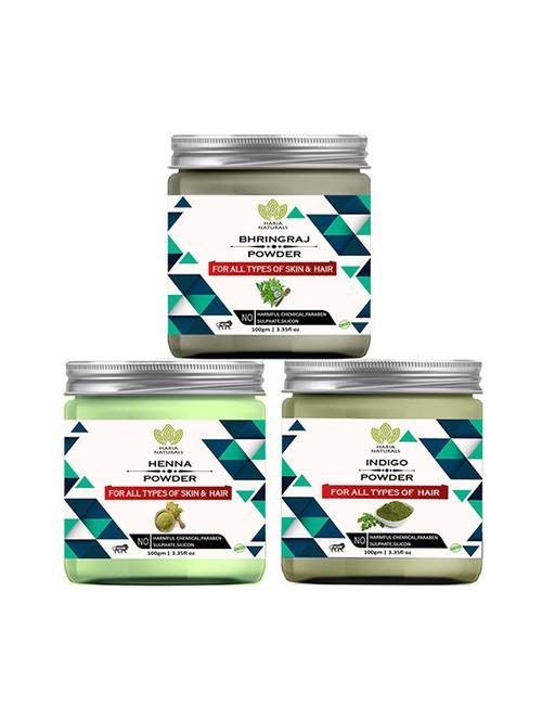 100% pure & naturals bhringraj powder 100gm & henna powder 100gm & indigo powder 100gm (pack of 3) 300gm - 18639580 - Very Small Image - 1