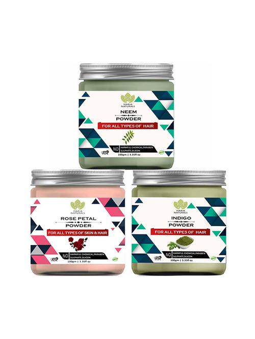 100% pure & naturals neem powder 100gm & rose petal powder 100gm & indigo powder 100gm (pack of 3) 300gm - 18639581 - Very Small Image - 1