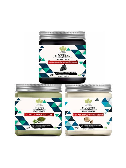 100% pure & naturals charcoal powder 100gm & indigo powder 100gm & mulethi powder 100gm (pack of 3) 300gm - 18639585 - Very Small Image - 1