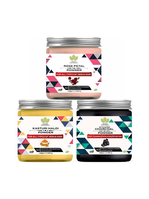 100% pure & naturals rose petal powder 100gm & kasturi haldi powder 100gm & charcoal powder 100gm (pack of 3) 300gm - 18639587 - Very Small Image - 1