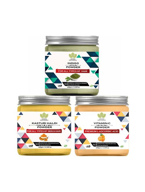 100% pure & naturals indigo powder 100gm & kasturi haldi powder 100gm & vitamin-c powder 100gm (pack of 3) 300gm - 18639589 - Very Small Image - 1