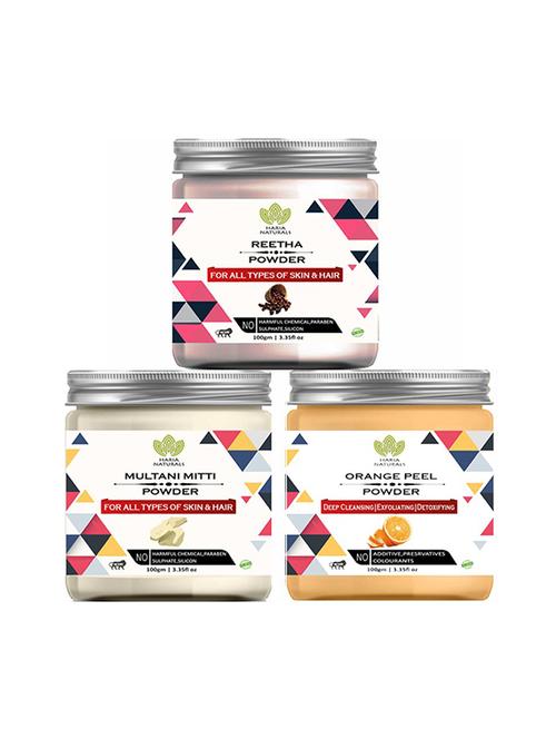 100% pure & naturals reetha powder 100gm & multani mitti powder 100gm & orange peel powder 100gm (pack of 3) 300gm - 18639592 - Very Small Image - 1