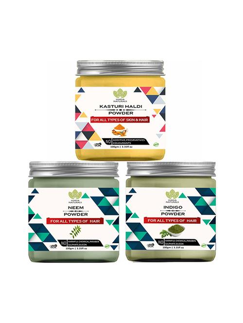 100% pure & naturals kasturi haldi powder 100gm & neem powder 100gm & indigo powder 100gm (pack of 3) 300gm - 18639596 - Very Small Image - 1