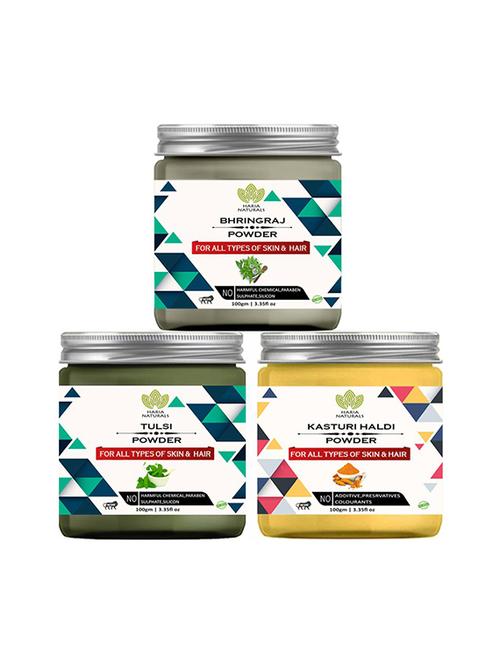 100% pure & naturals bhringraj powder 100gm & tulsi powder 100gm & kasturi haldi powder 100gm (pack of 3) 300gm - 18639600 - Very Small Image - 1