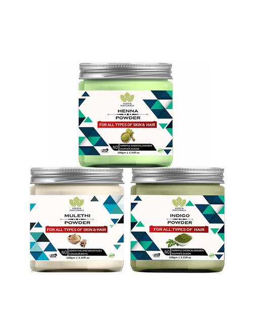 100% pure & naturals henna powder 100gm & mulethi powder 100gm & indigo powder 100gm (pack of 3) 300gm - 18639604 - Very Small Image - 1