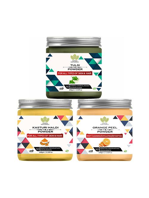 100% pure & naturals tulsi powder 100gm & kasturi haldi powder 100gm & orange peel powder 100gm (pack of 3) 300gm - 18639610 - Very Small Image - 1