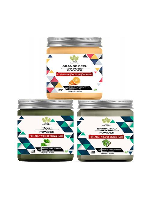 100% pure & naturals orange peel powder 100gm & tulsi powder 100gm & bhringraj powder 100gm (pack of 3) 300gm - 18639614 - Very Small Image - 1