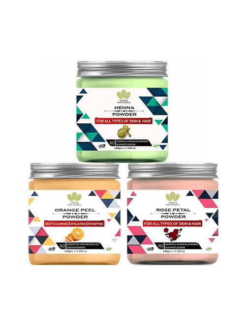 100% pure & naturals henna powder 100gm & orange peel powder 100gm & rose petal powder 100gm (pack of 3) 300gm - 18639615 - Very Small Image - 1