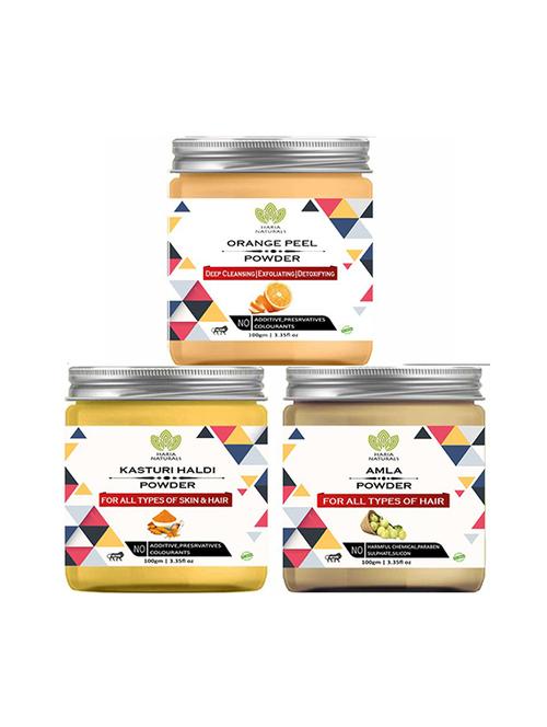 100% pure & naturals orange peel powder 100gm & kasturi haldi powder 100gm & amla powder 100gm (pack of 3) 300gm - 18639625 - Very Small Image - 1