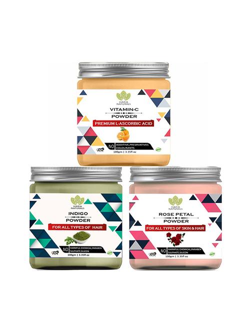 100% pure & naturals vitamin-c powder 100gm & indigo powder 100gm & rose petal powder 100gm (pack of 3) 300gm - 18639630 - Very Small Image - 1