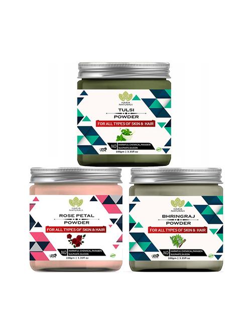 100% pure & naturals tulsi powder 100gm & rose petal powder 100gm & bhringraj powder 100gm (pack of 3) 300gm - 18639631 - Very Small Image - 1