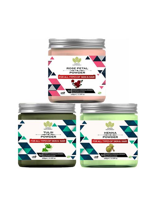 100% pure & naturals rose petal powder 100gm & tulsi powder 100gm & henna powder 100gm (pack of 3) 300gm - 18639635 - Very Small Image - 1