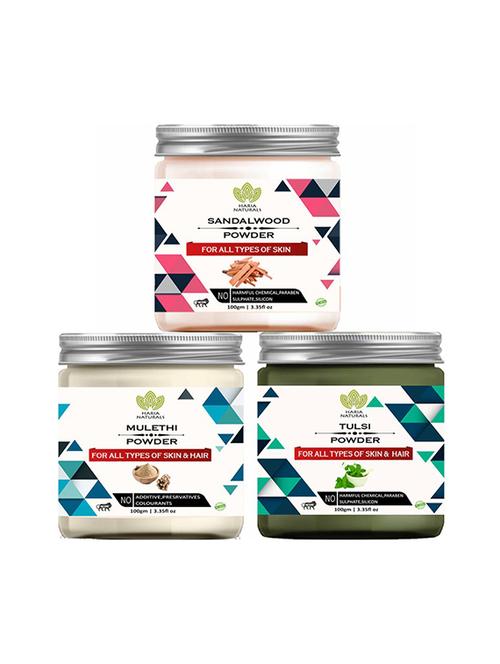 100% pure & naturals sandalwood powder 100gm & mulethi powder 100gm & tulsi powder 100gm (pack of 3) 300gm - 18639642 - Very Small Image - 1