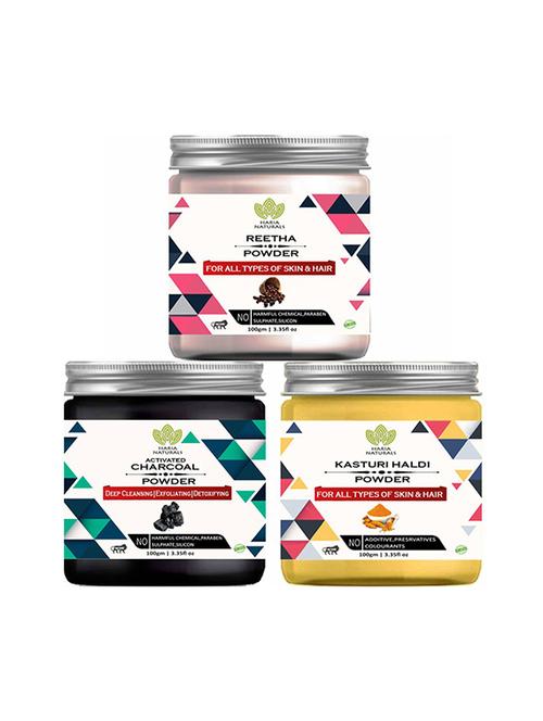 100% pure & naturals reetha powder 100gm & charcoal powder 100gm & kasturi haldi powder 100gm (pack of 3) 300gm - 18639646 - Very Small Image - 1