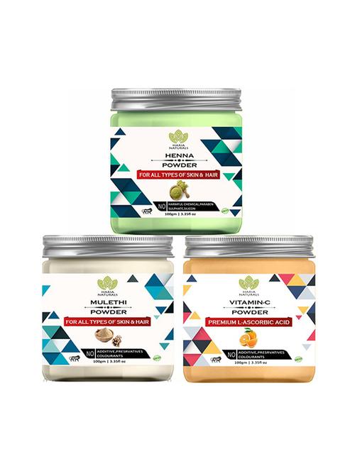 100% pure & naturals henna powder 100gm & mulethi powder 100gm & vitamin-c powder 100gm (pack of 3) 300gm - 18639647 - Very Small Image - 1