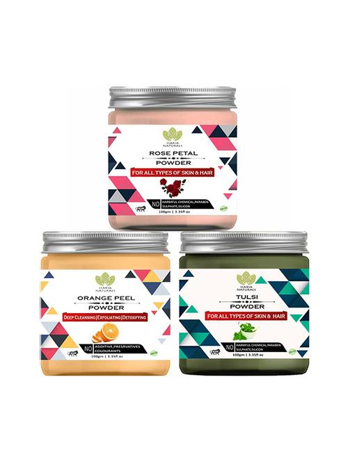 100% pure & naturals rose petal powder 100gm & orange peel powder 100gm & tulsi powder 100gm (pack of 3) 300gm - 18639669 - Very Small Image - 1