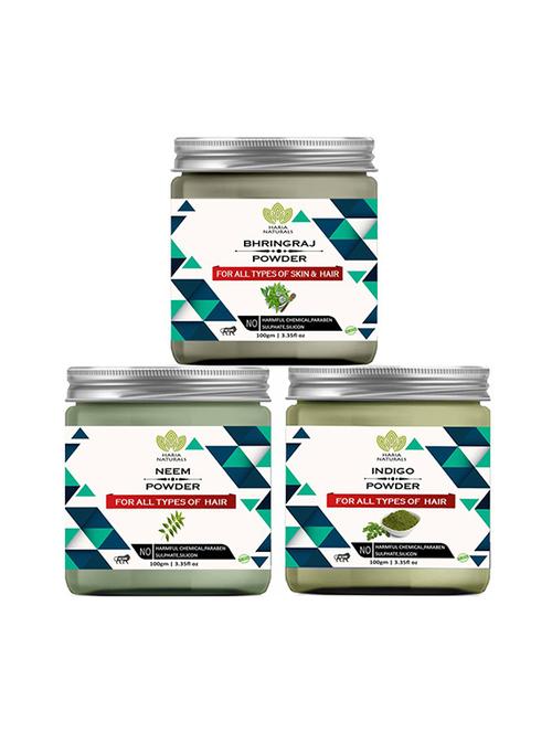 100% pure & naturals bhringraj powder 100gm & neem powder 100gm & indigo powder 100gm (pack of 3) 300gm - 18639670 - Very Small Image - 1