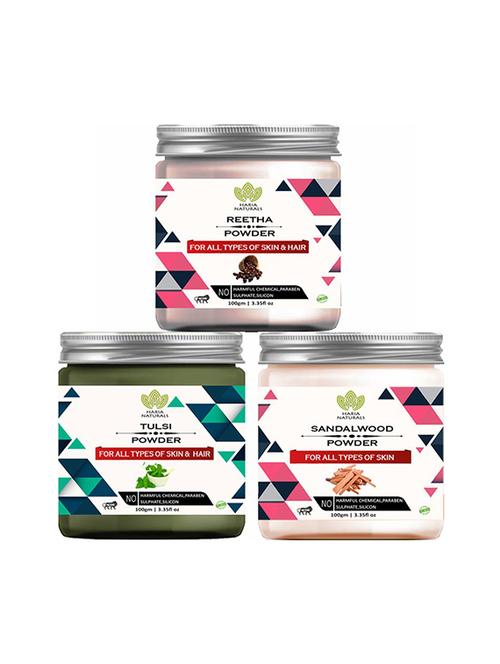 100% pure & naturals reetha powder 100gm & tulsi powder 100gm & sandalwood powder 100gm (pack of 3) 300gm - 18639681 - Very Small Image - 1