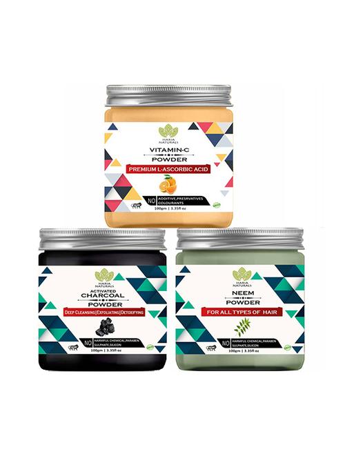 100% pure & naturals vitamin-c powder 100gm & charcoal powder 100gm & neem powder 100gm (pack of 3) 300gm - 18639688 - Very Small Image - 1