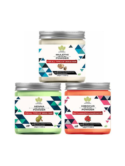 100% pure & naturals mulethi powder 100gm & henna powder 100gm & hibiscus powder 100gm (pack of 3) 300gm - 18639691 - Very Small Image - 1