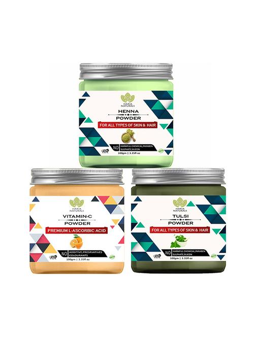 100% pure & naturals henna powder 100gm & vitamin-c powder 100gm & tulsi powder 100gm (pack of 3) 300gm - 18639693 - Very Small Image - 1