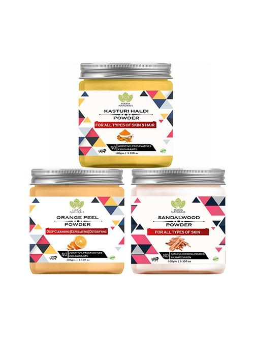 100% pure & naturals kasturi haldi powder 100gm & orange peel powder 100gm & sandalwood powder 100gm (pack of 3) 300gm - 18639695 - Very Small Image - 1